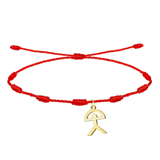 Pulsera de 7 nudos con símbolo Indalo en acero dorado y cordón rojo ajustable