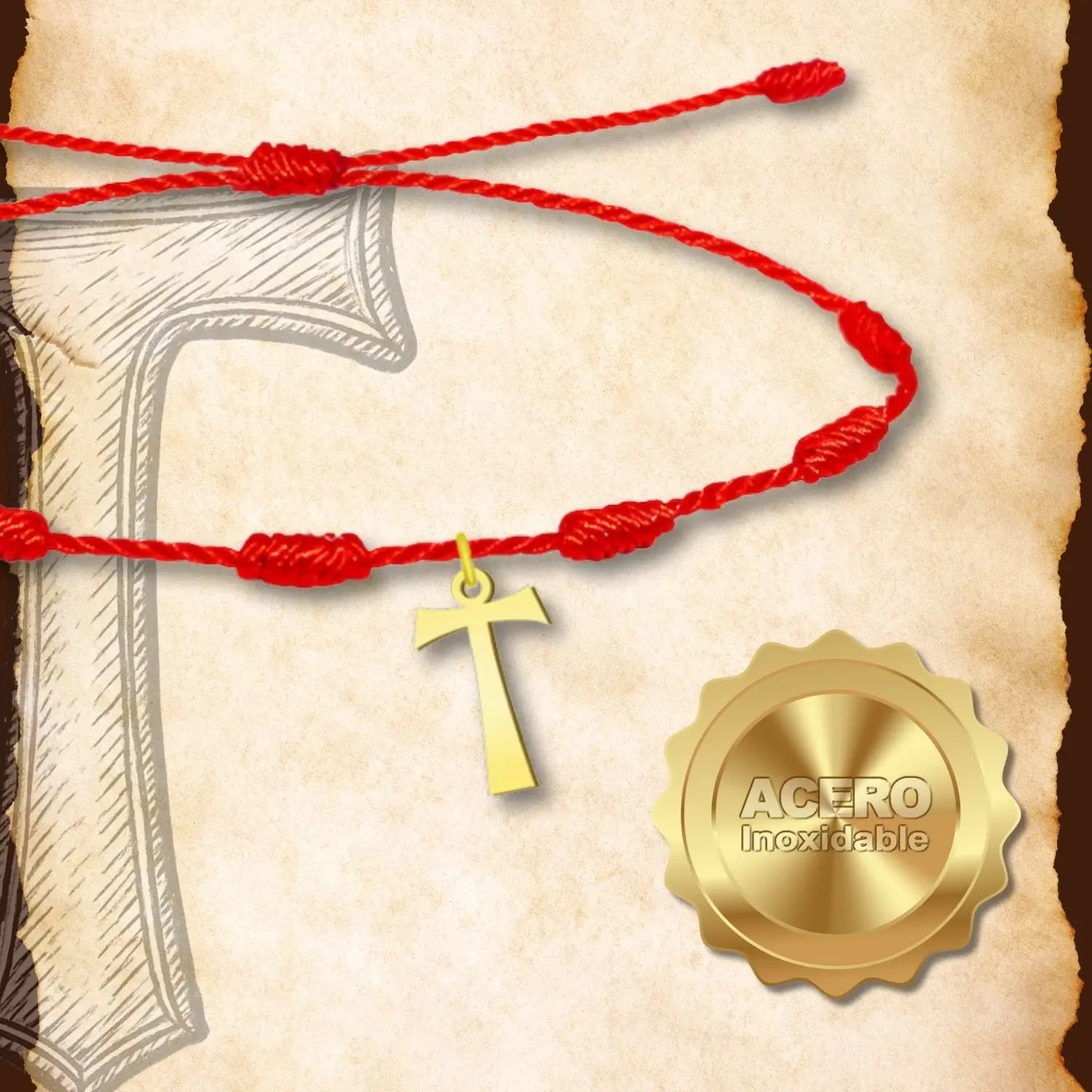 Pulsera 7 Nudos Rojo con Cruz Tau en Acero Dorado detalle