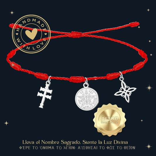 Pulsera 7 Nudos con Colgante Plateado: Tetragrammaton, Nudo de Bruja y Cruz de Caravaca - cotigo