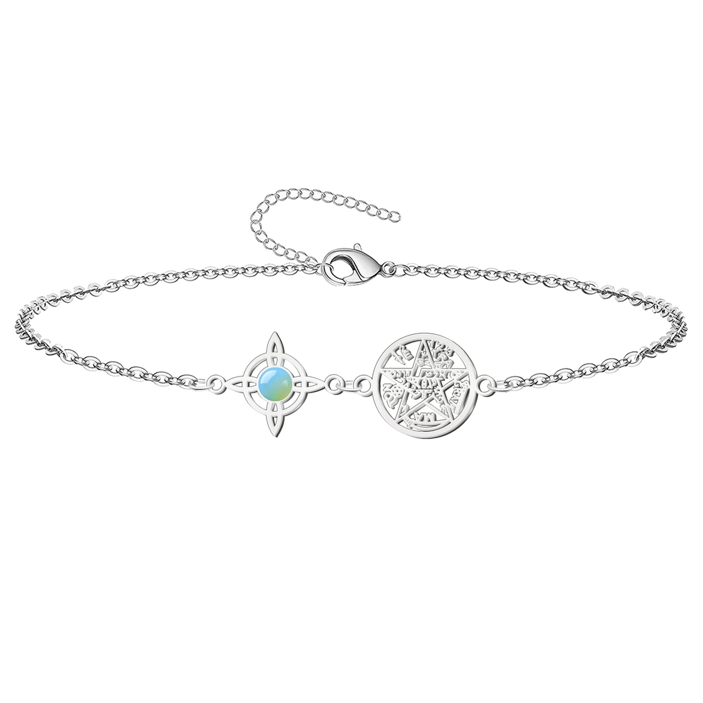 Colgante Tetragrammatón con Nudo de Bruja y Opalina – Amuleto de Calma y Energía Suave en Acero Inoxidable