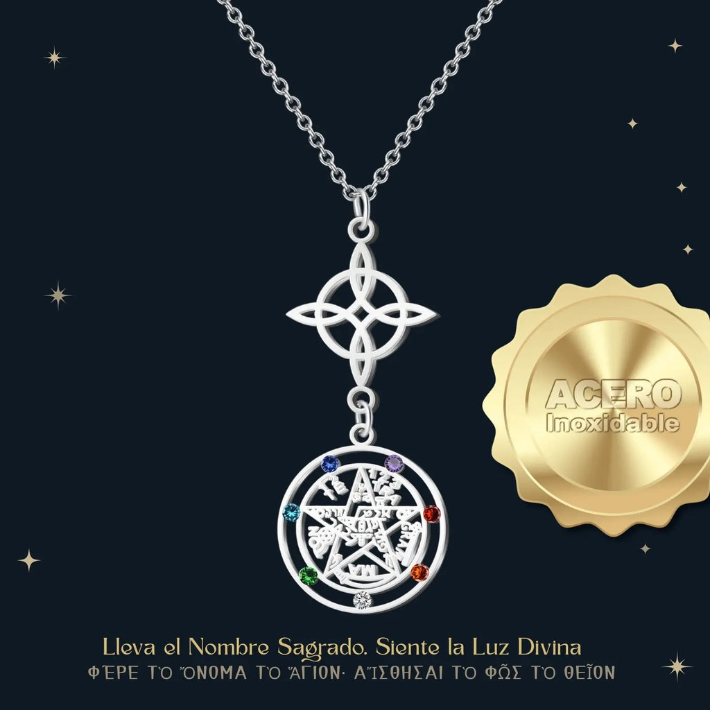 Colgante Tetragrammatón con Circonitas y Nudo de Bruja Acero Plateado - cotigo
