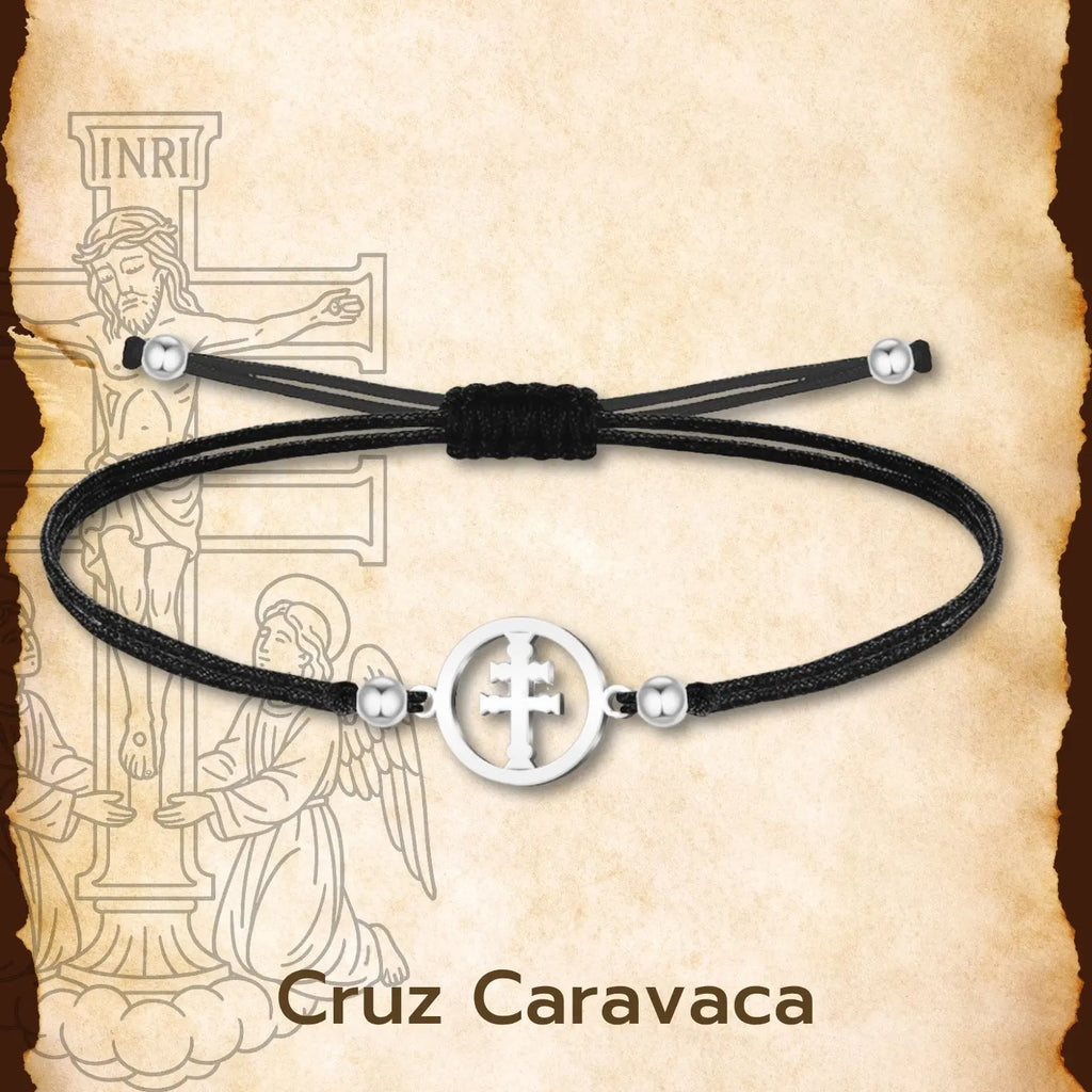 Pulsera Medalla Cruz de Caravaca con Hilo Negro y Acero Plateado - cotigo