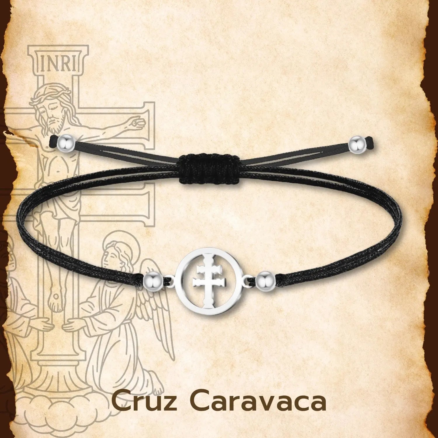Pulsera Medalla Cruz de Caravaca con Hilo Negro y Acero Plateado - cotigo