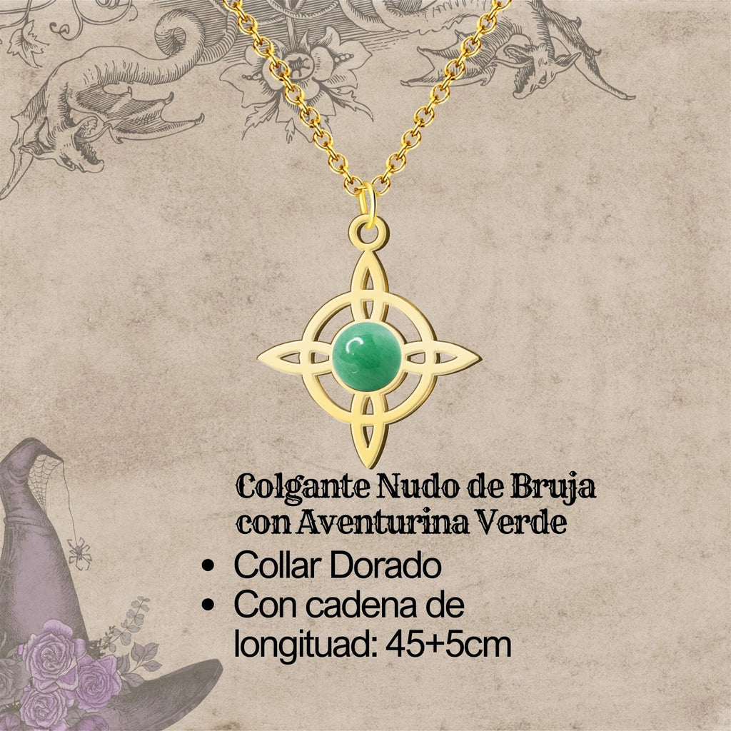 Colgante Nudo de Bruja con Aventurina Verde en Acero Dorado cotigo