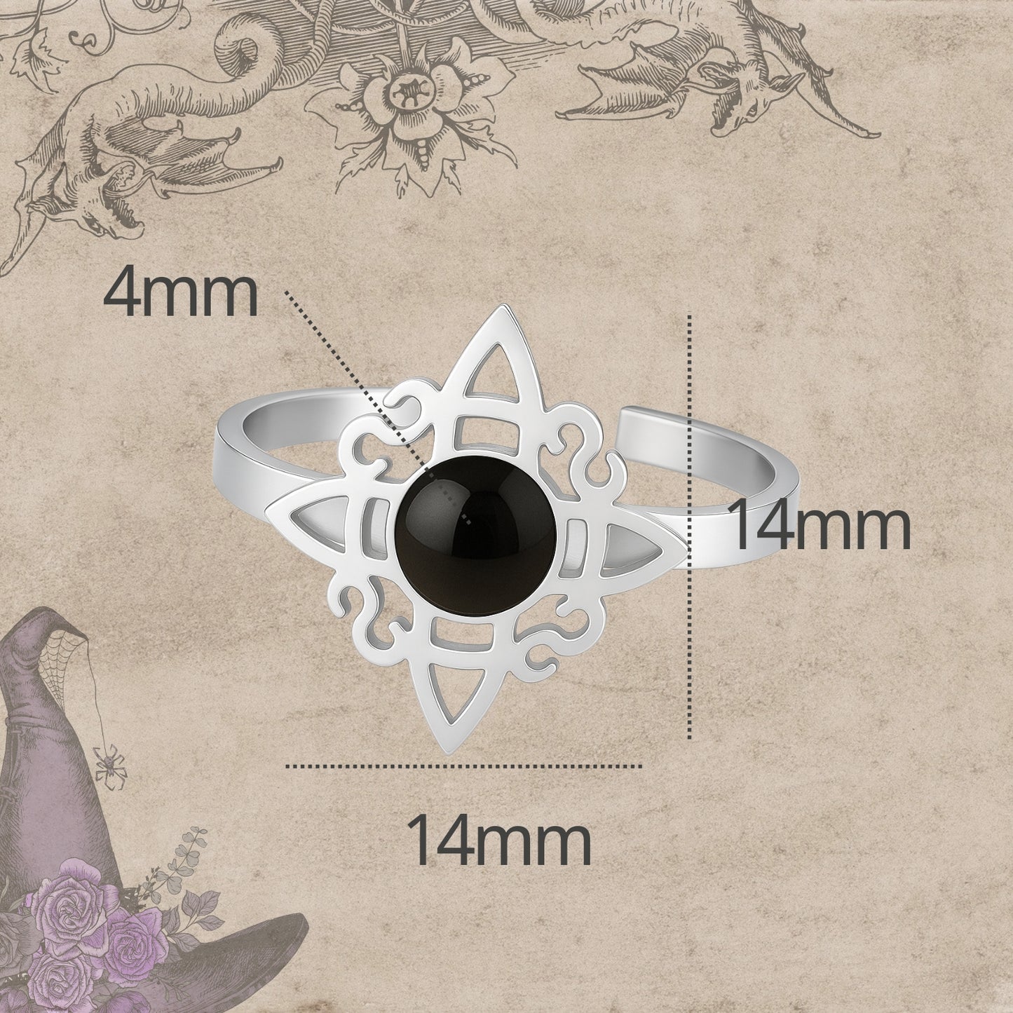 Anillo Nudo de Bruja Acero Plateado con Agata Negra