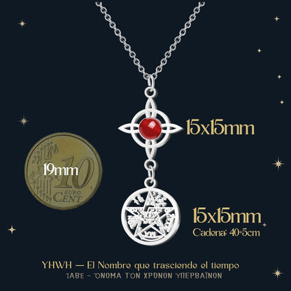 Colgante Tetragrammatón con Nudo de Bruja y Carneola – Energía, Motivación y Fuerza Vital en Acero Inoxidable