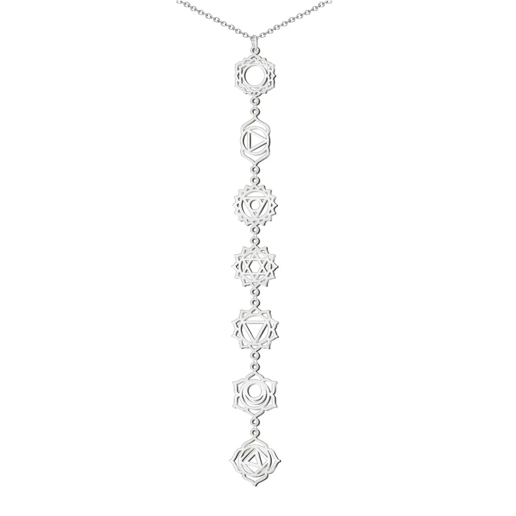 Collar largo vertical con los símbolos de los 7 chakras calados en acero inoxidable color plata.