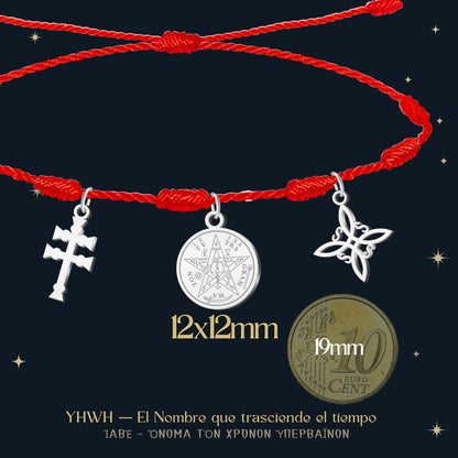 Pulsera 7 nudos con Nudo de Bruja y Tetragramatón, y Cruz Caravaca Plateado Acero Inoxidable