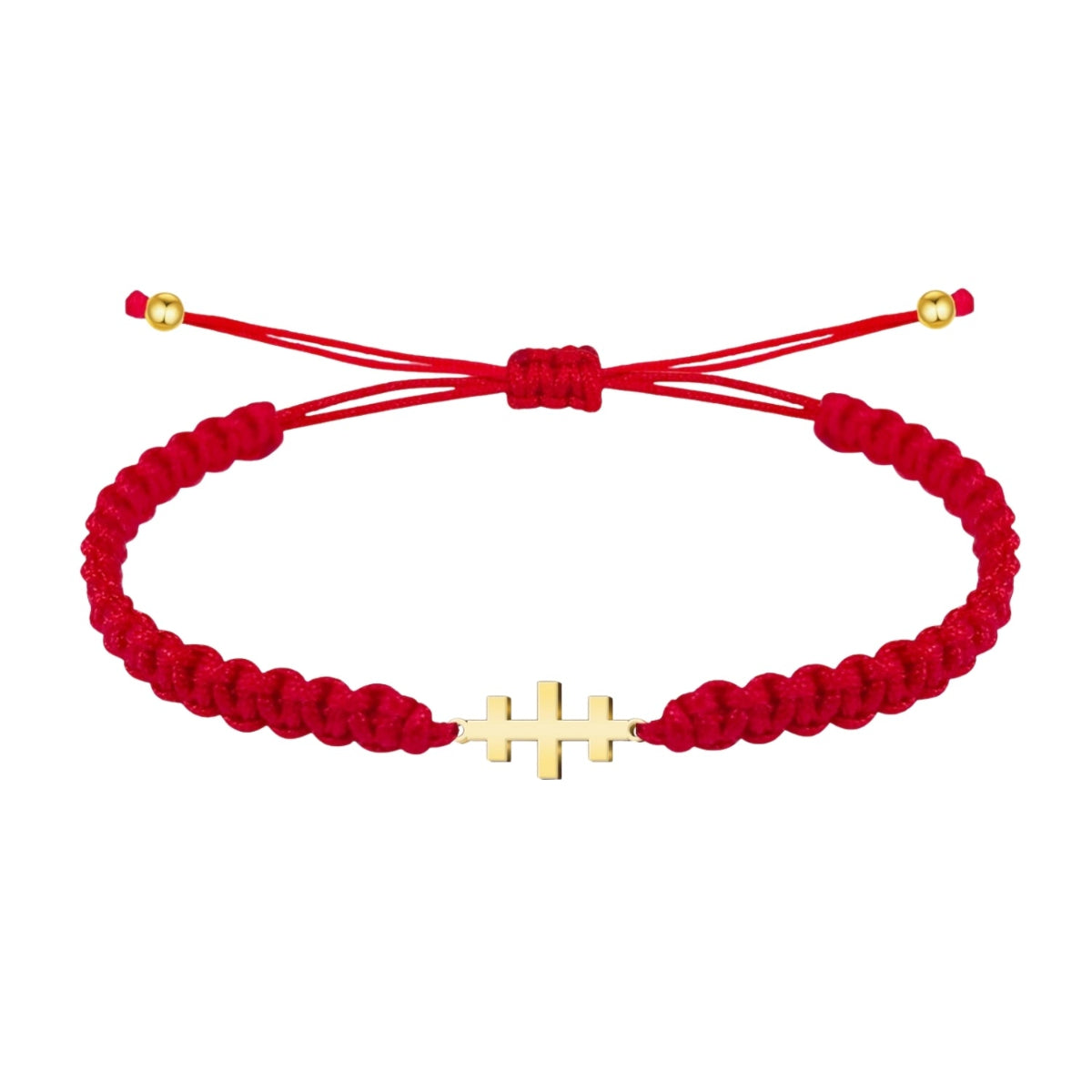 Pulsera de hilo rojo trenzado con Cruz de las Catacumbas horizontal en acero dorado y nudo ajustable.