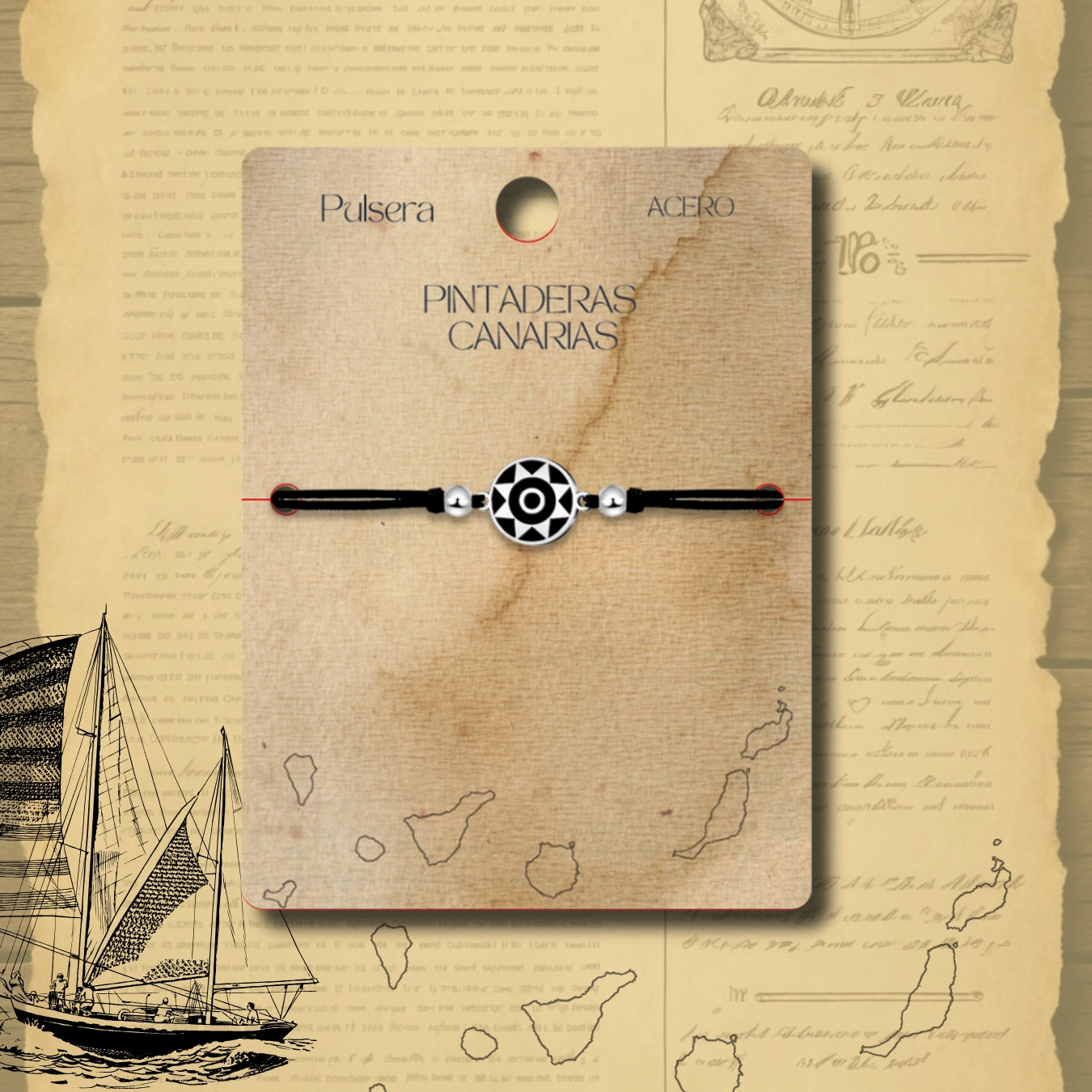 Pulsera Hilo Encerado con  Pintadera Canarias Acero Plateado