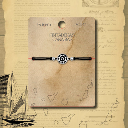 Pulsera Hilo Encerado con  Pintadera Canarias Acero Plateado