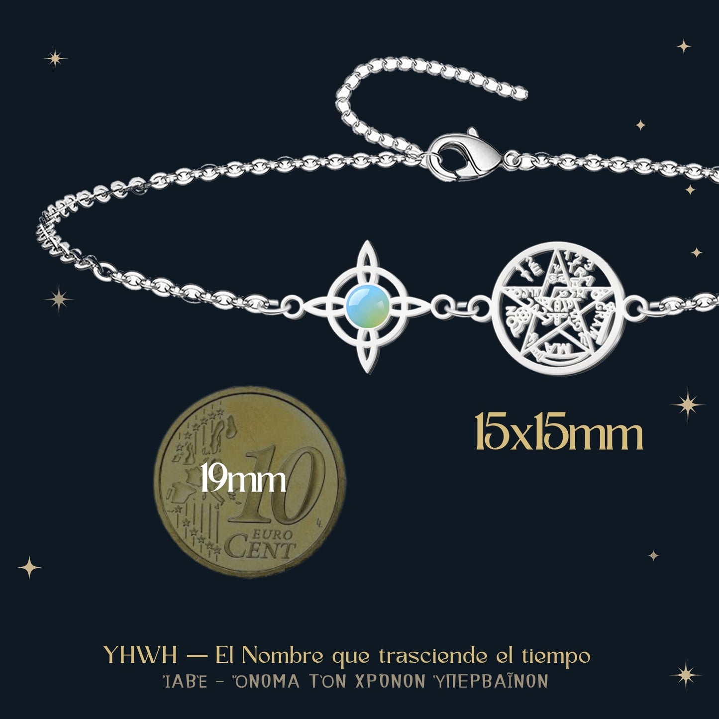 Colgante Tetragrammatón con Nudo de Bruja y Opalina – Amuleto de Calma y Energía Suave en Acero Inoxidable