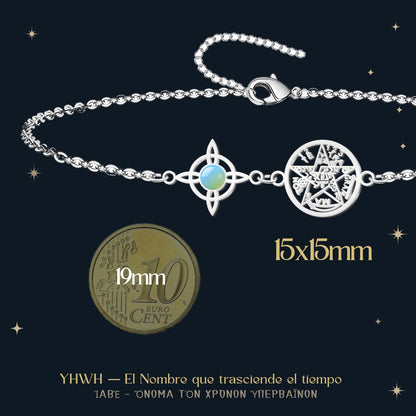 Colgante Tetragrammatón con Nudo de Bruja y Opalina – Amuleto de Calma y Energía Suave en Acero Inoxidable