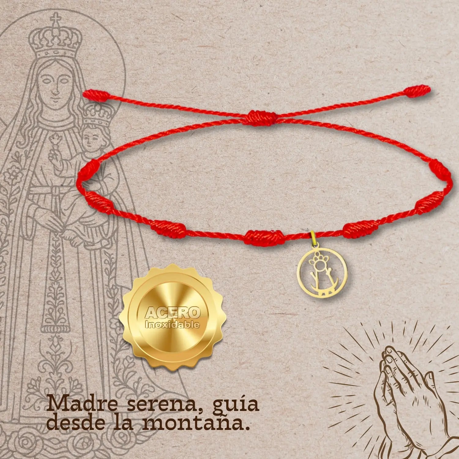 Pulsera 7 Nudos Virgen de la Fuensanta Acero Dorado detalle