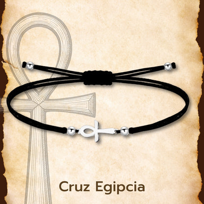 Pulsera Cruz Egipcia Plateado de Hilo En.Negro