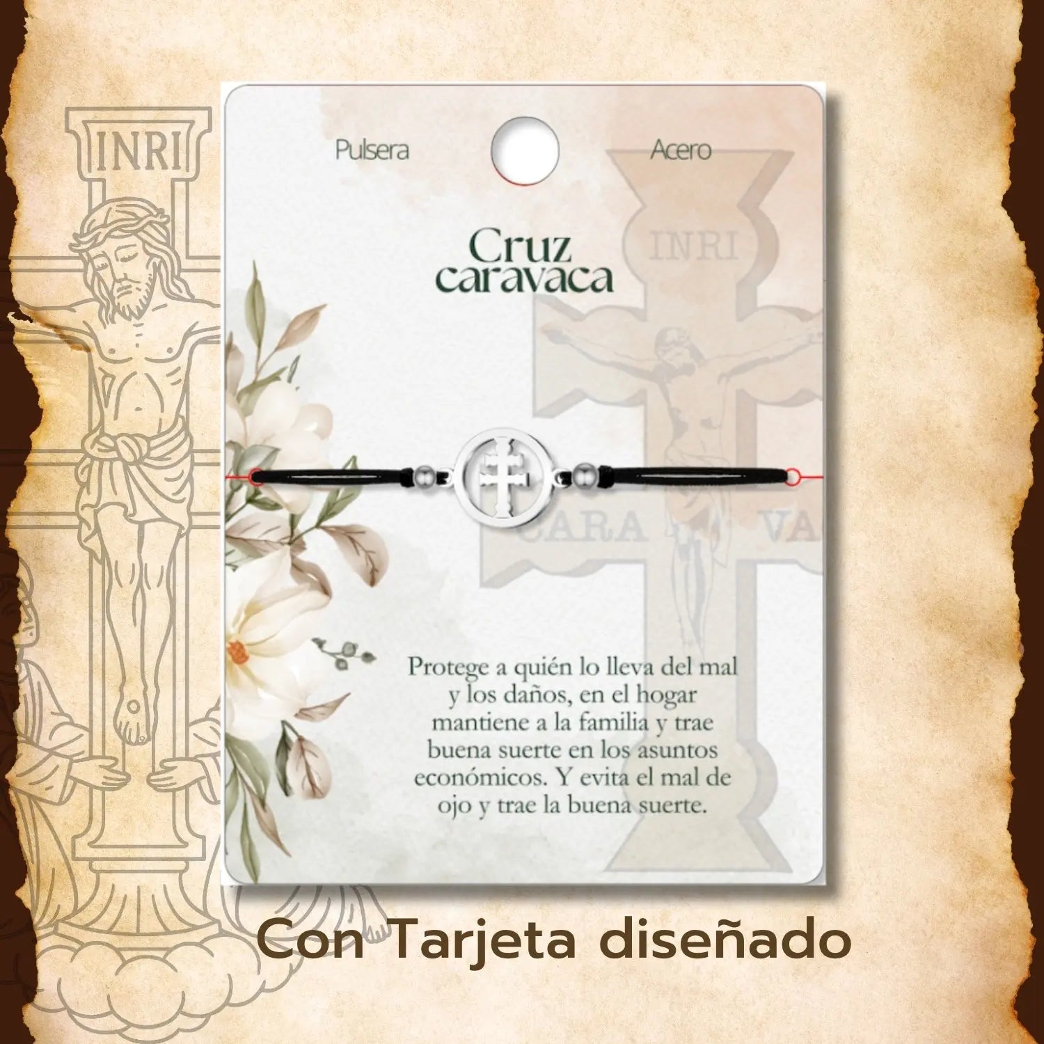Pulsera Medalla Cruz de Caravaca con Hilo Negro Y Acero Plateado detalle
