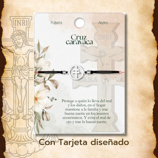 Pulsera Medalla Cruz de Caravaca con Hilo Negro y Acero Plateado - cotigo