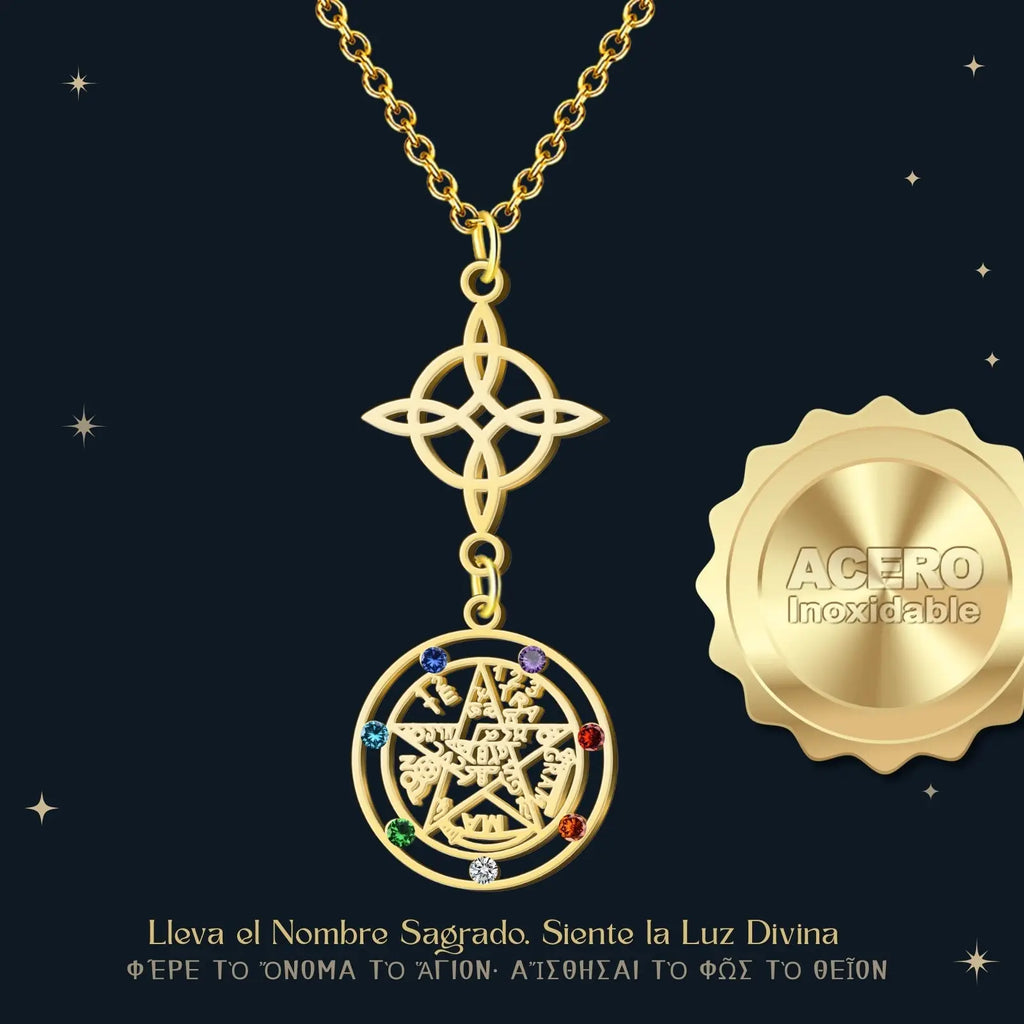 Colgante Tetragrammatón con Circonitas y Nudo de Bruja Acero Dorado - cotigo