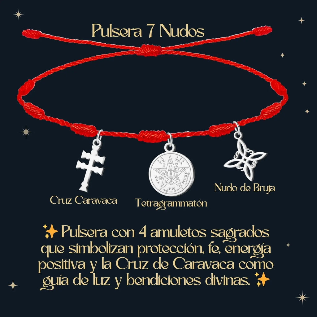 Pulsera 7 Nudos con Colgante Plateado: Tetragrammaton, Nudo de Bruja y Cruz de Caravaca - cotigo