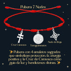 Pulsera 7 Nudos con Colgante Plateado: Tetragrammaton, Nudo de Bruja y Cruz de Caravaca - cotigo