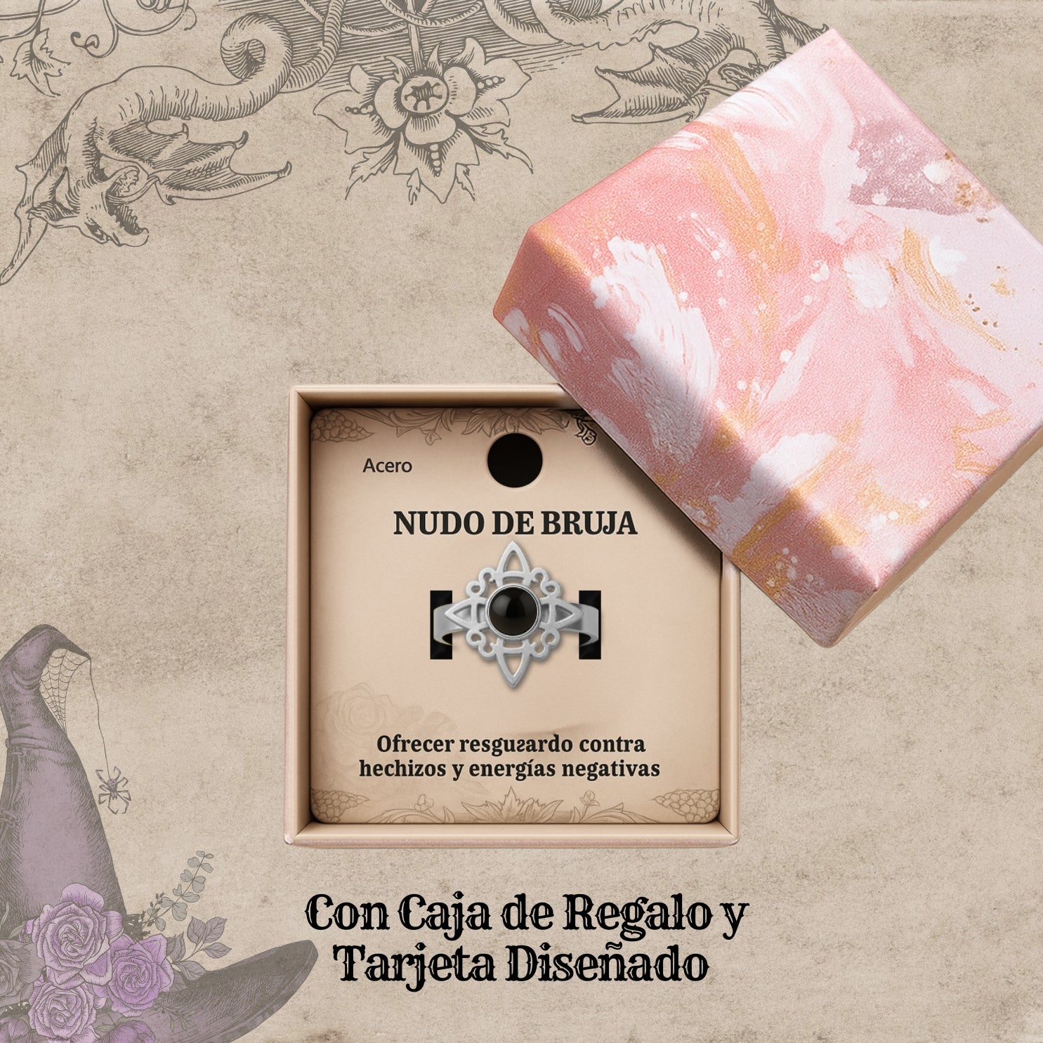 Anillo Nudo de Bruja con Ágata Negra en Acero Plateado - cotigo