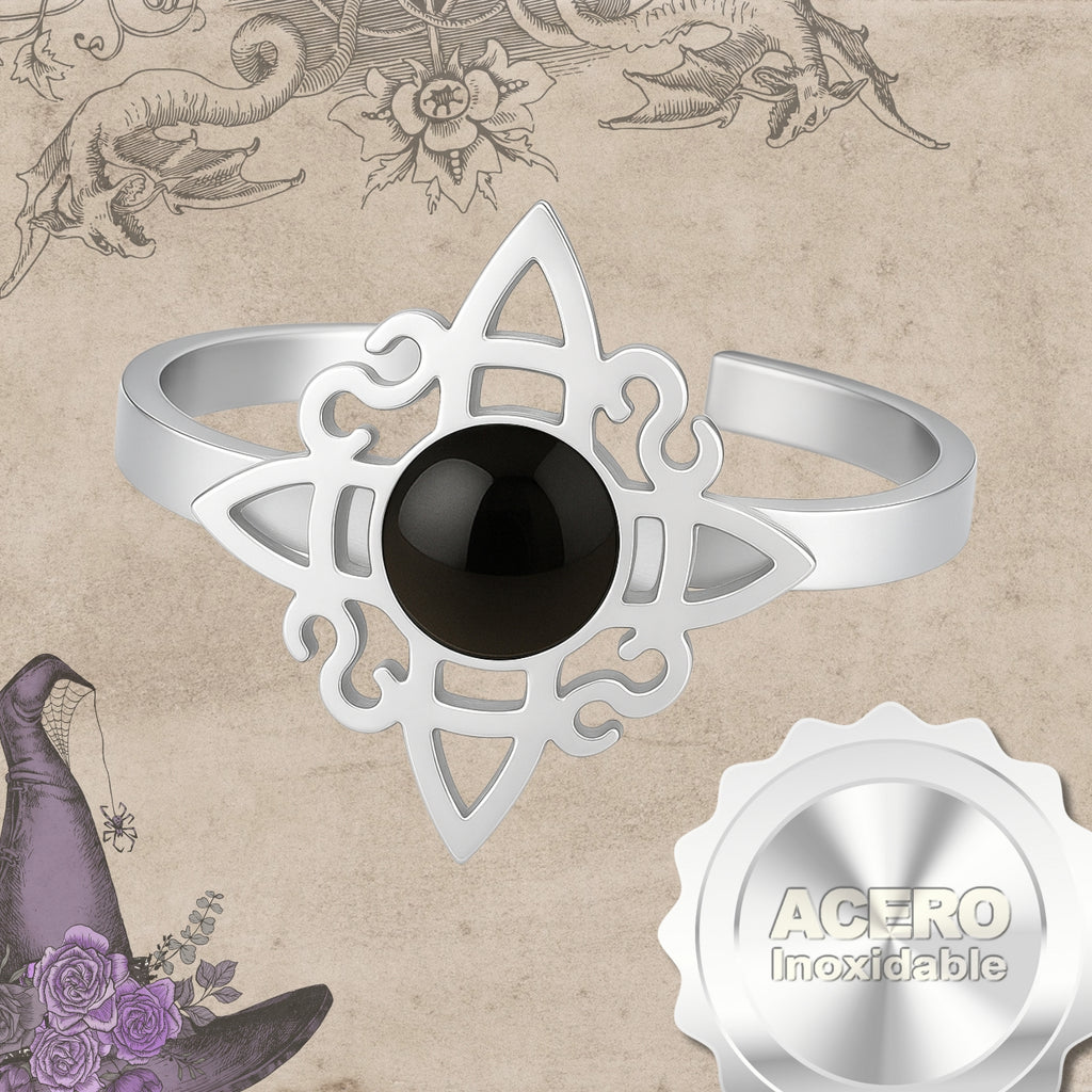 Anillo Nudo de Bruja con Ágata Negra en Acero Plateado - cotigo