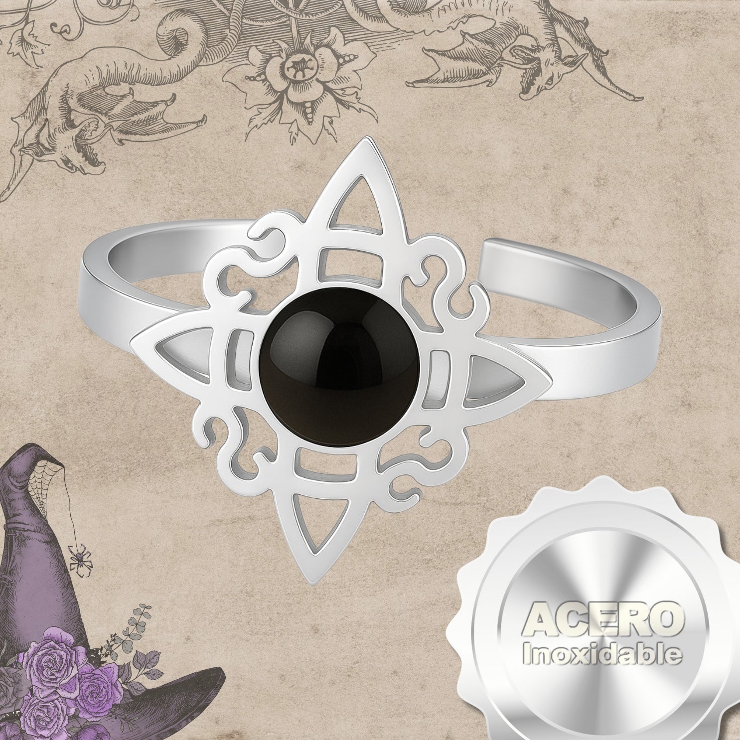 Anillo Nudo de Bruja con Ágata Negra en Acero Plateado - cotigo
