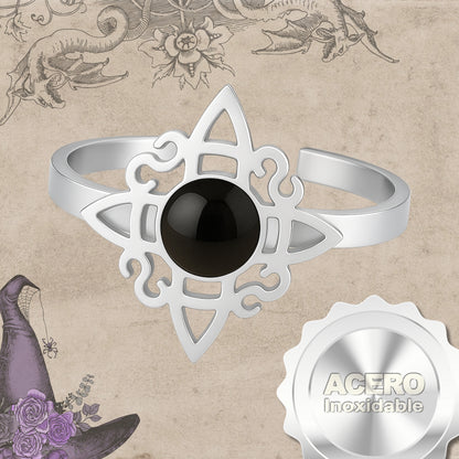 Anillo Nudo de Bruja Acero Plateado con Agata Negra