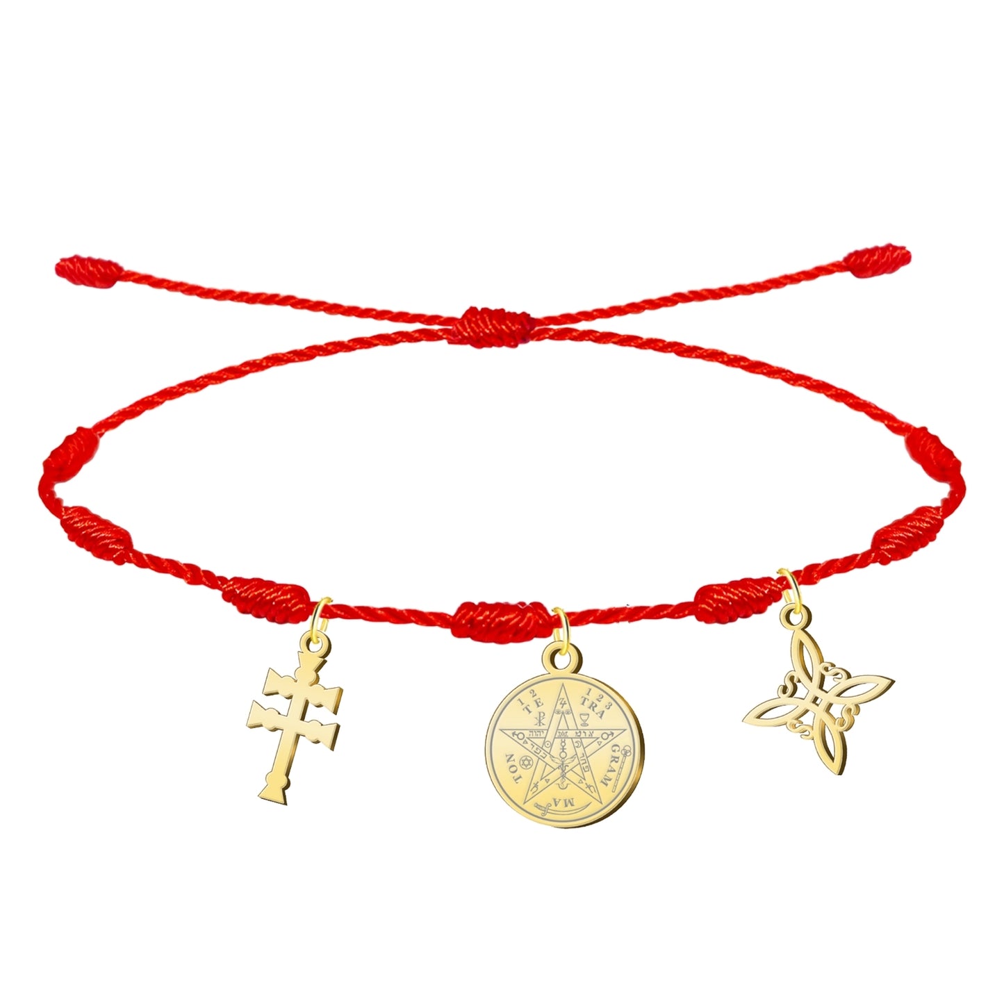 Pulsera 7 nudos con Nudo de Bruja y Tetragramatón, y Cruz Caravaca Dorado Acero Inoxidable
