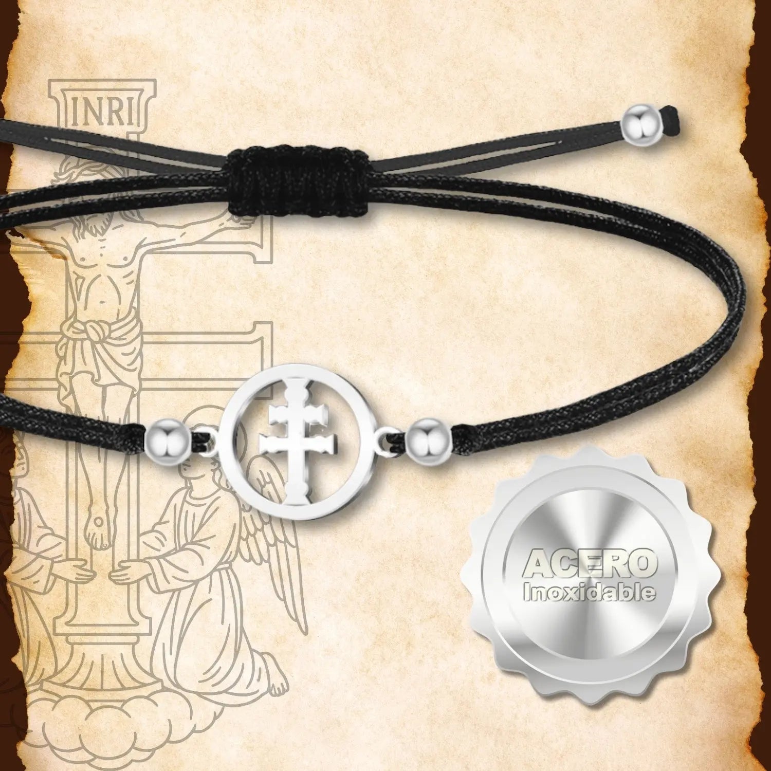 Pulsera Medalla Cruz de Caravaca con Hilo Negro y Acero Plateado - cotigo