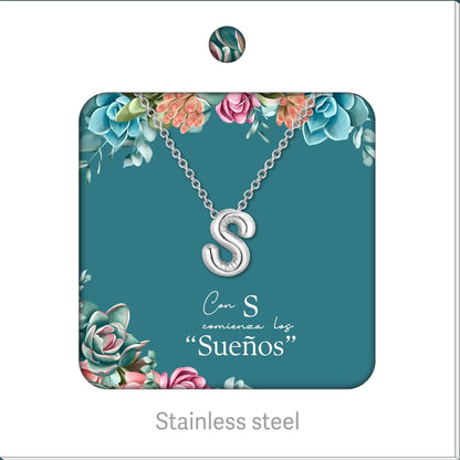 Collar Letra Inicial Acero Inoxidable con Tarjeta diseñado y Caja de Regalo, Regalo para Cumpleaños, Navidad, Día de Madera, San Valentín