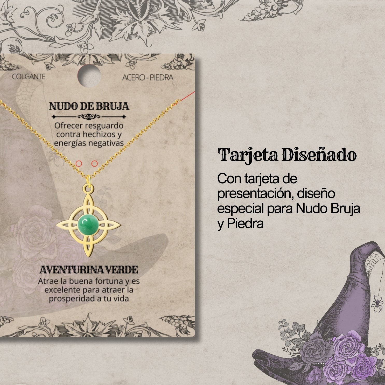 Colgante Nudo de Bruja con Aventurina Verde en Acero Dorado cotigo