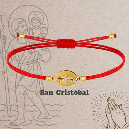 Pulsera Hilo Encerado con San Cristóbal color Dorado