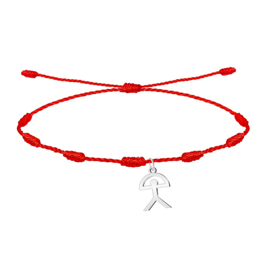 Pulsera de 7 nudos con símbolo Indalo en acero plateado y cordón rojo