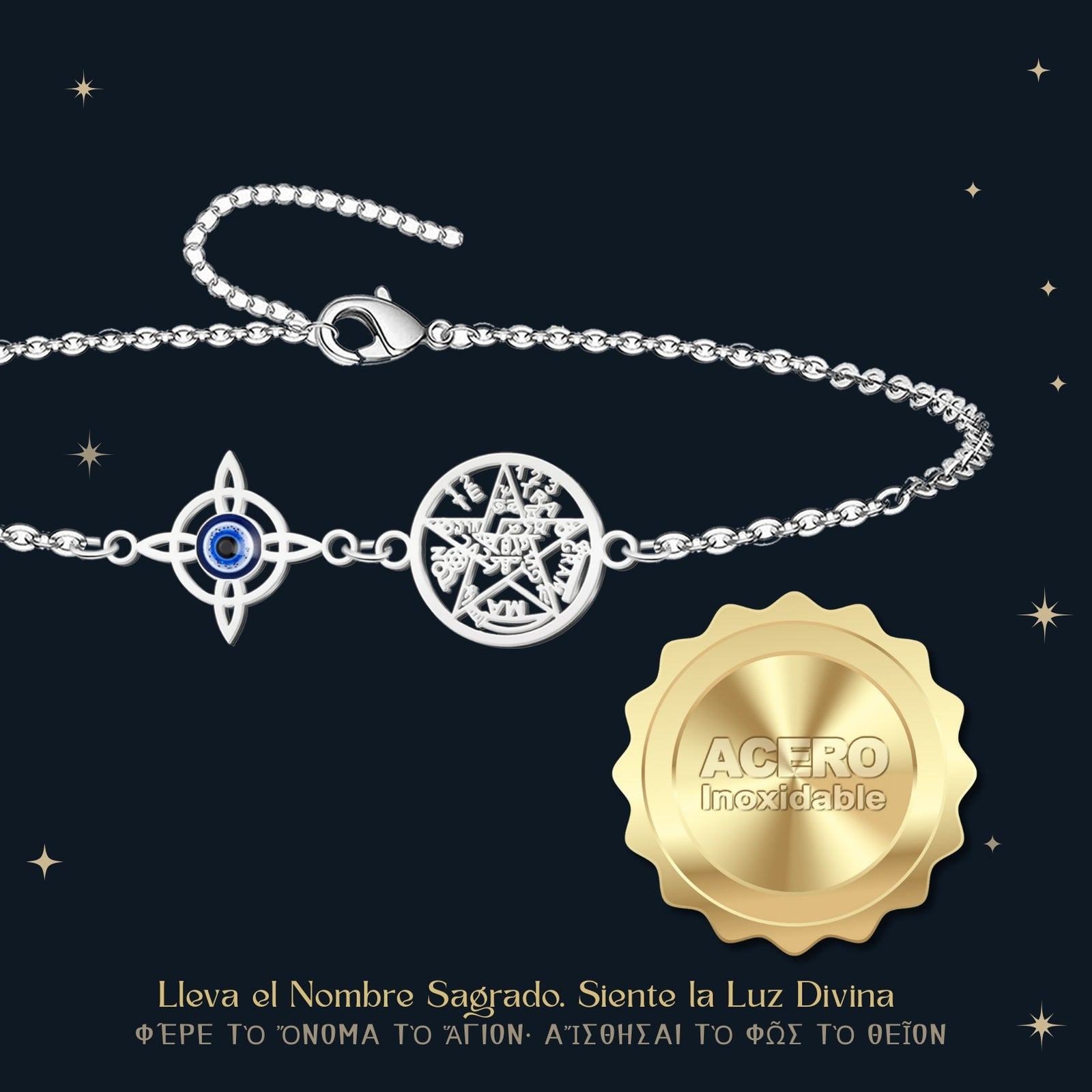 Pulsera Triple Protección: Nudo de Bruja, Tetragrámaton Y Ojo Turco en Acero detalle