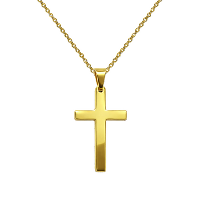 Collar de cadena fina con colgante de cruz clásica en acero dorado con acabado brillante