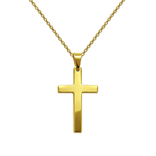 Collar de cadena fina con colgante de cruz clásica en acero dorado con acabado brillante