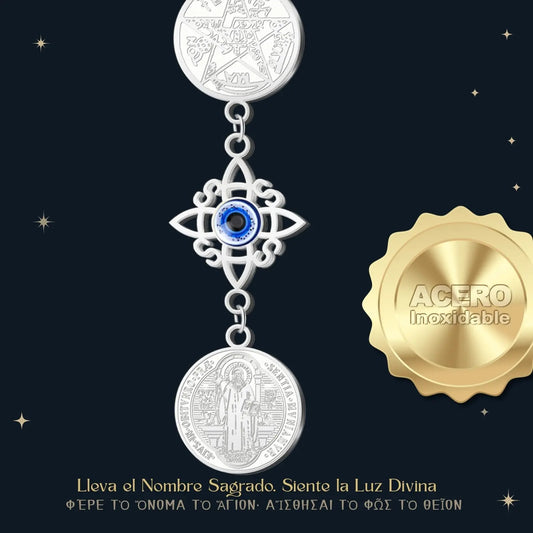 Collar Triple Protección Plateado: Tetragrammaton, Nudo de Bruja con Ojo Turco y San Benito - cotigo
