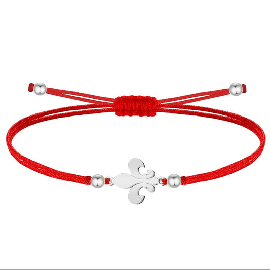 Pulsera de hilo rojo con flor de lis en acero inoxidable plateado