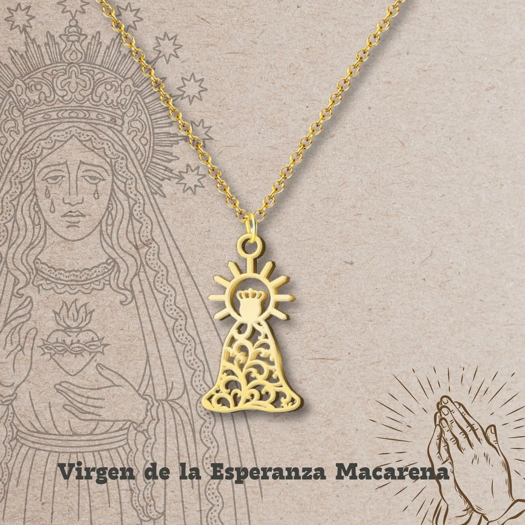 Collar Virgen de la Esperanza Macarena Acero Dorado Calado - cotigo