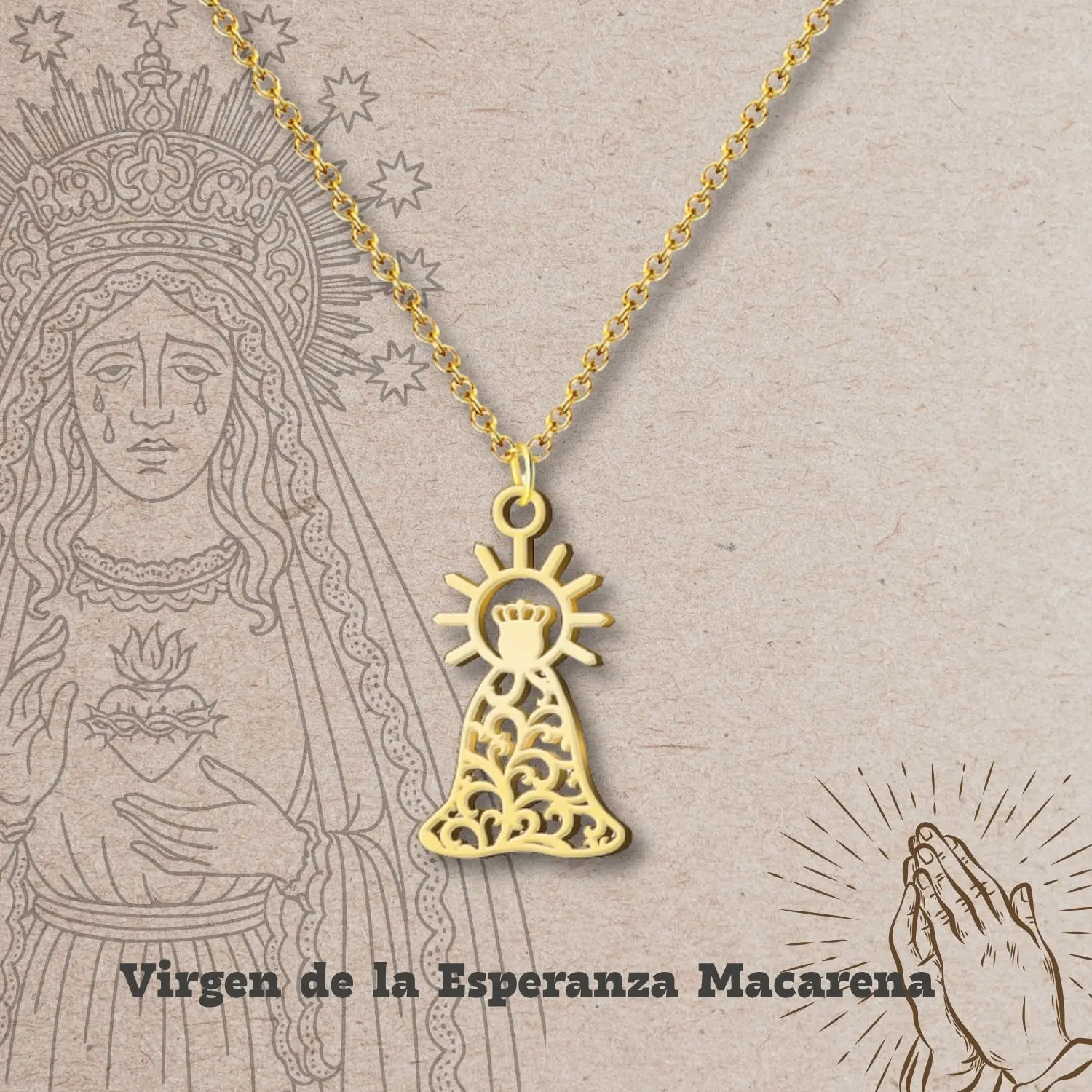 Collar Virgen de la Esperanza Macarena Acero Dorado Calado - cotigo