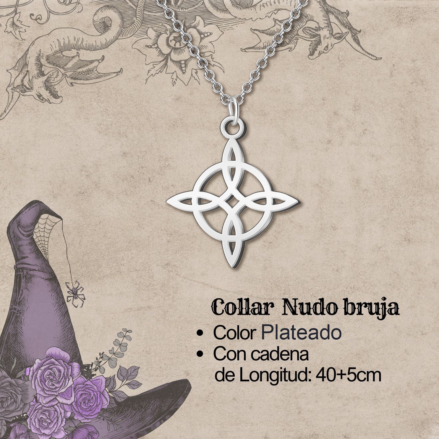 Collar Nudo de Bruja Clásico en Acero Inoxidable Plateado - cotigo