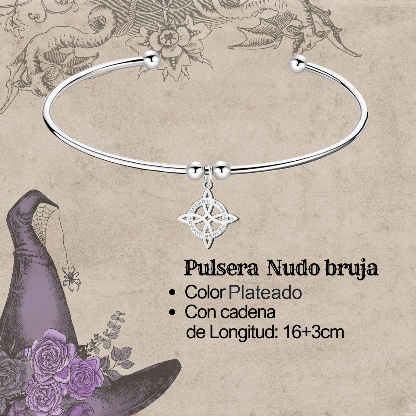 Brazalete Nudo bruja Acero Inoxidable color Plateado
