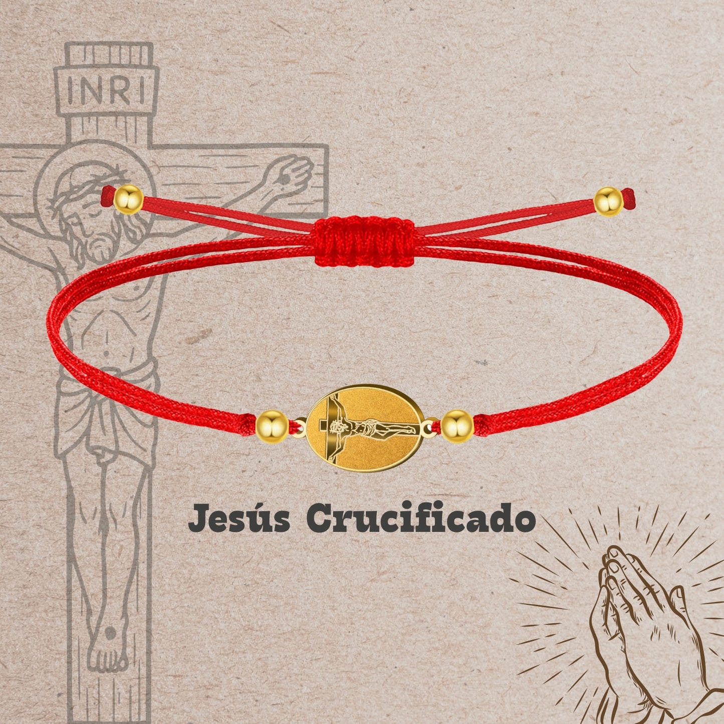 Pulsera Hilo Encerado con Jesús Crucificado color Dorado