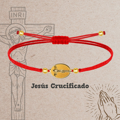 Pulsera Hilo Encerado con Jesús Crucificado color Dorado