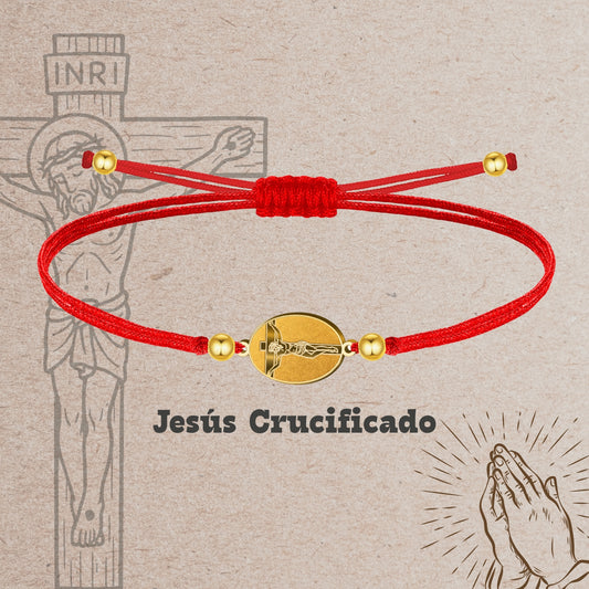 Pulsera Hilo Encerado con Jesús Crucificado color Dorado