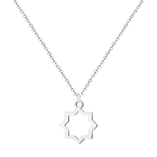 Colgante estrella mudéjar geométrica en acero plateado con diseño calado