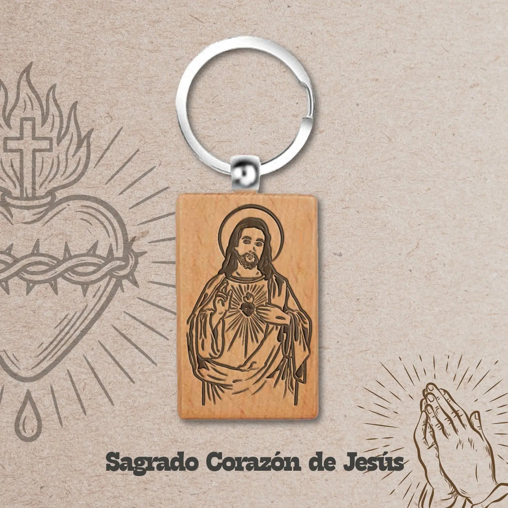 Llavero de Madera con CORAZON DE JESUS - cotigo