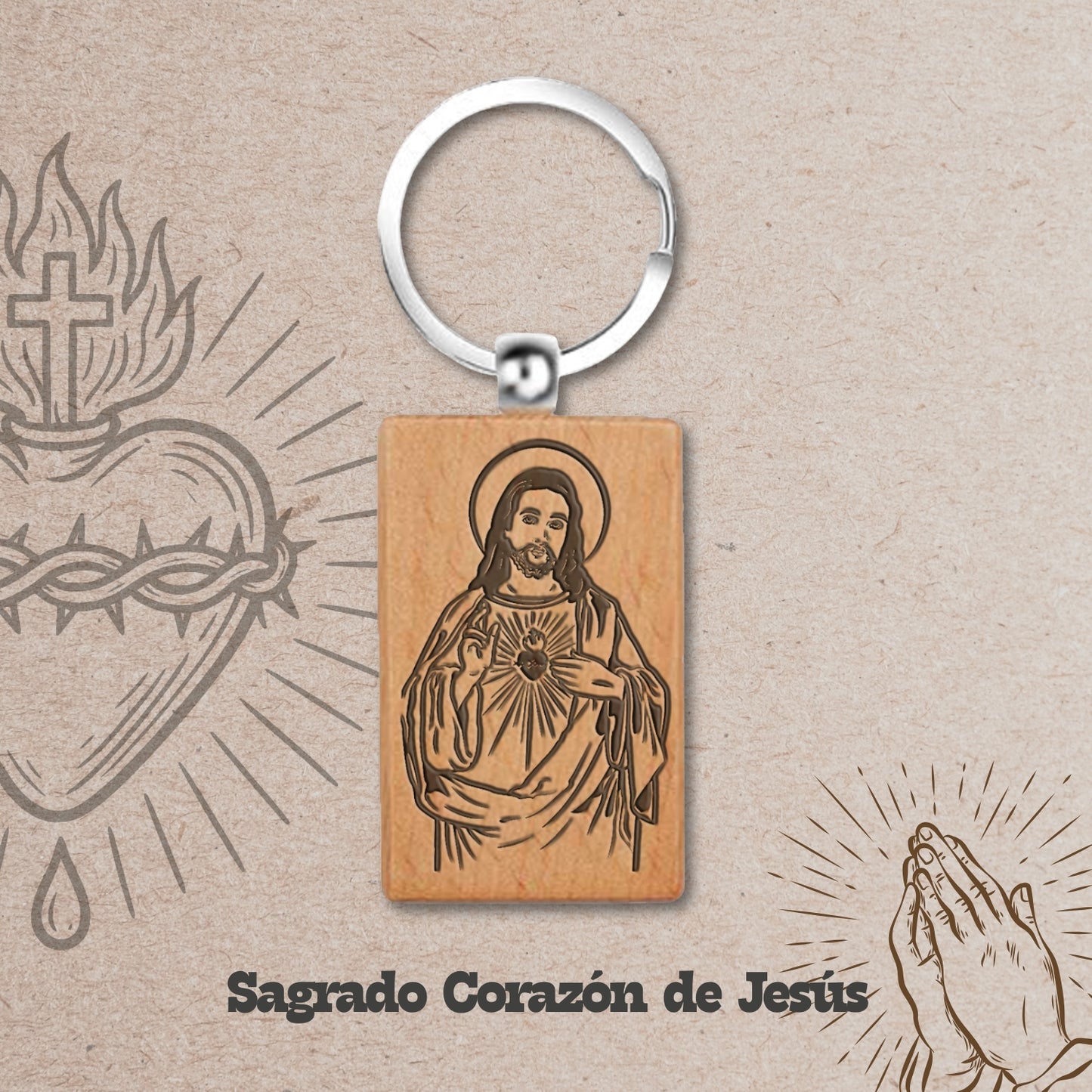 Llavero de Madera con CORAZON DE JESUS