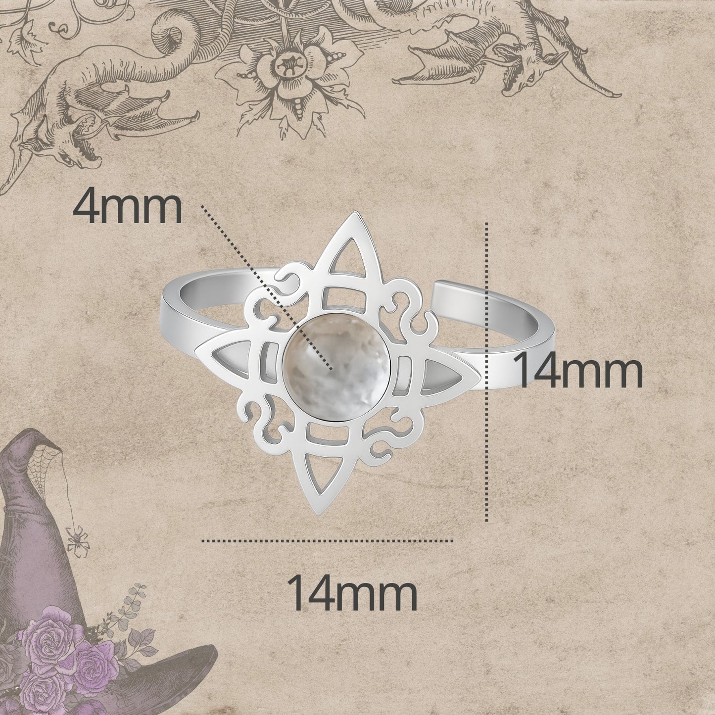 Anillo Nudo de Bruja Acero Plateado con Curzo Blanco